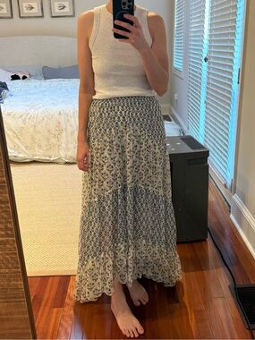 Women's Blue and Cream Printed Tiered Maxi Skirt